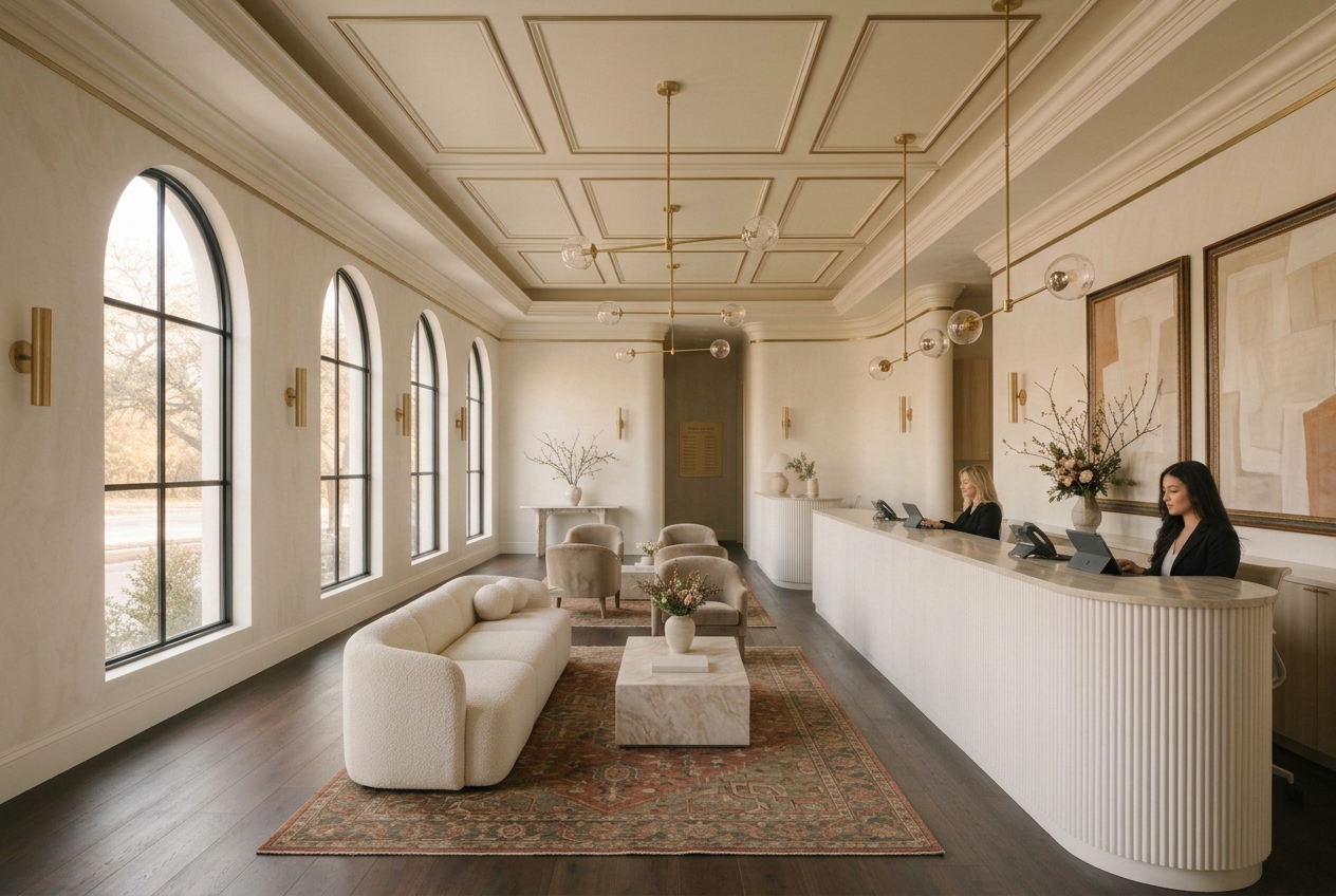 The reception at Juniper Facial Aesthetics — arched windows, a curved front desk and a bouclé sofa